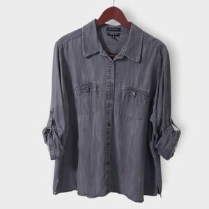 Foxcroft Womens 18W Shaped Fit Tencel Button Down Shirt Grey Roll Tab Sleeve